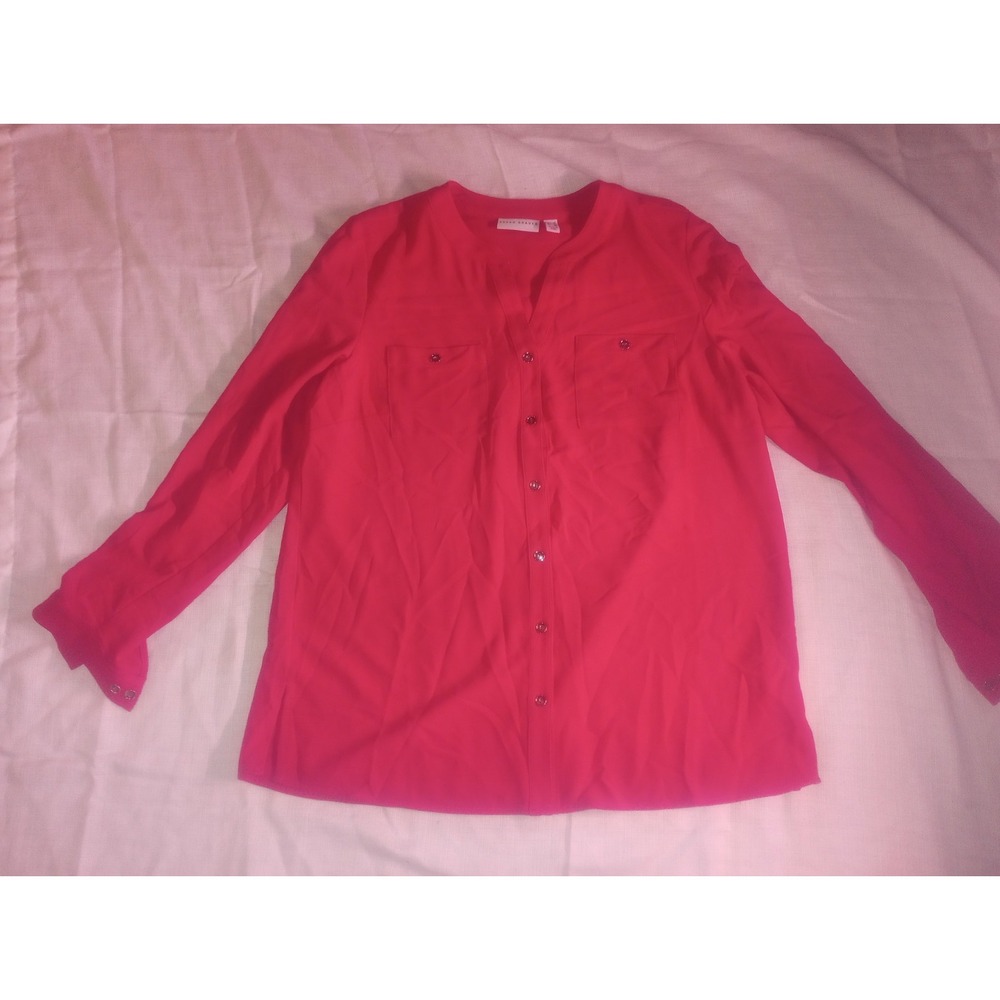 Susan Graver Size 10 Hot Pink Button Up Blouse‎ V Neck